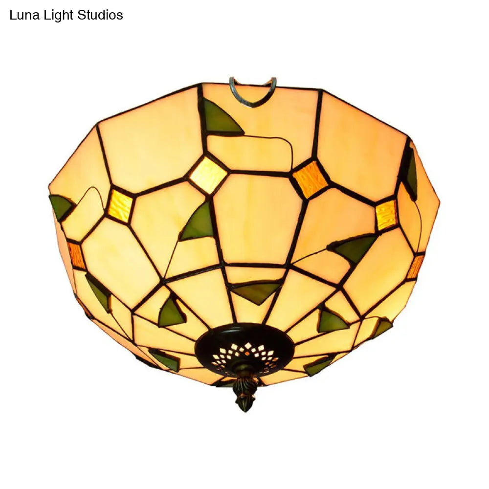 12"/16" White Dome Tiffany Ceiling Lamp - Multicolored Stained Glass, 2/3 Bulbs, Flush Mount Lighting