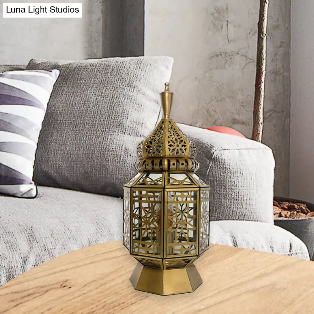 12.5"/14" Wide Brass Table Lamp - Antiqued Lantern Metallic Nightstand Light for Bedroom