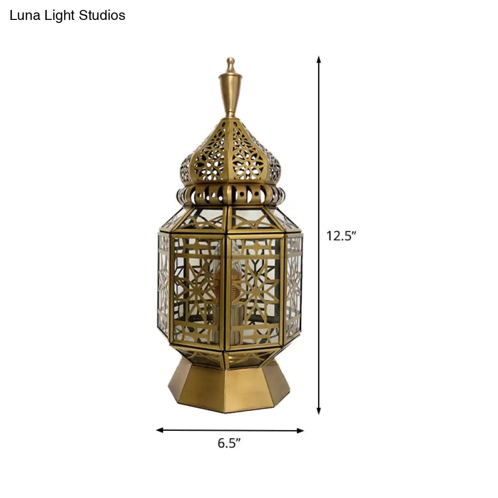 12.5"/14" Wide Brass Table Lamp - Antiqued Lantern Metallic Nightstand Light for Bedroom