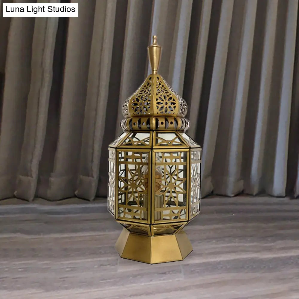 12.5"/14" Wide Brass Table Lamp - Antiqued Lantern Metallic Nightstand Light for Bedroom