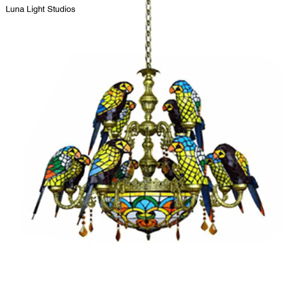 12 Arms Parrot Suspension Light Rustic Stained Glass Chandelier Light with Center Bowl in Yellow