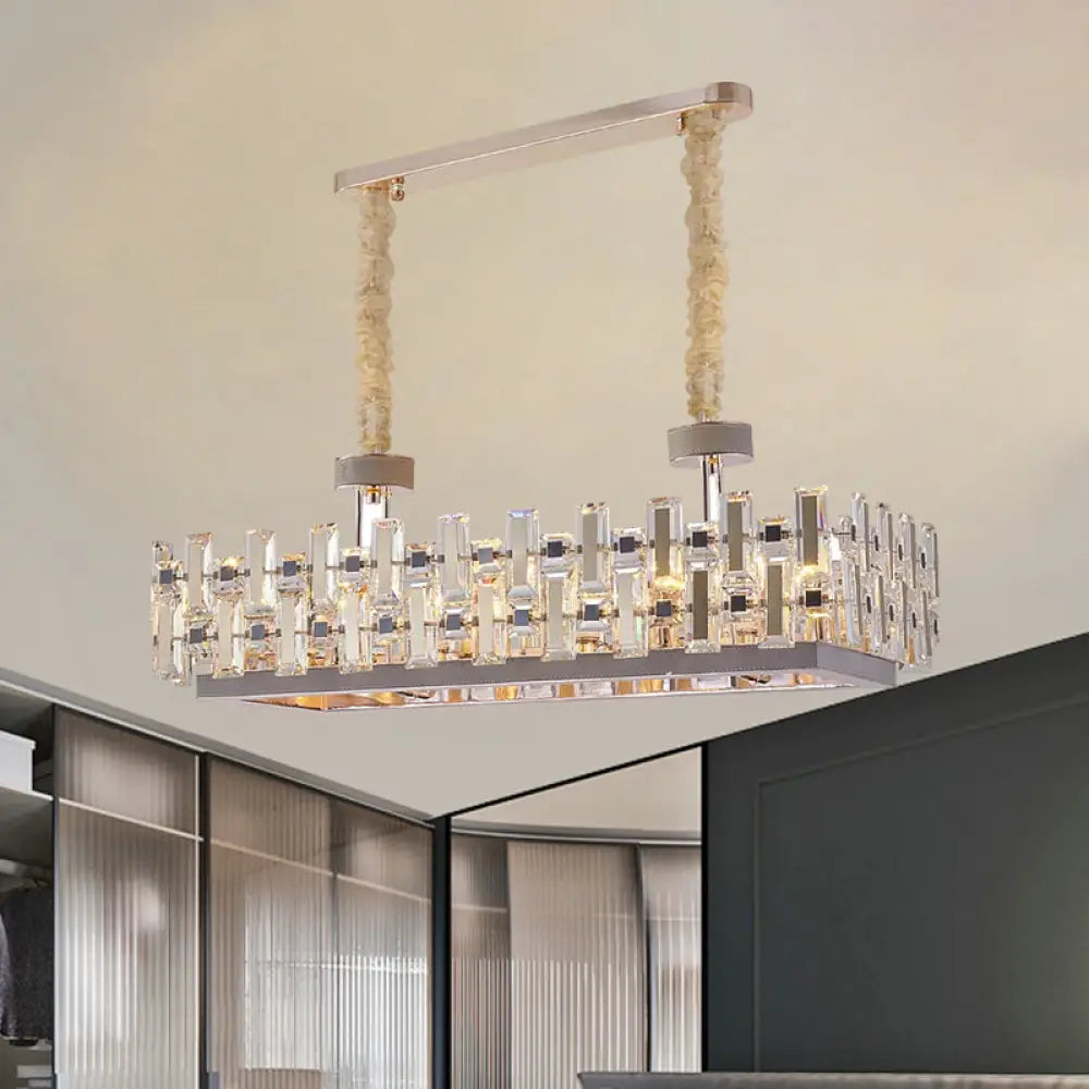 12-Bulb Gold Island Light with Clear Crystal Blocks – Contemporary Rectangular Hanging Lamp