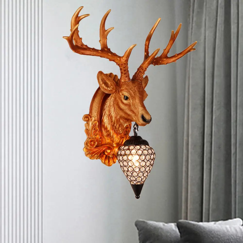 13"/26" Single Resin Wall Light Fixture - Country White/Yellow/Gold - Deer Head Sconce with Crystal Teardrop Shade - Living Room Lamp