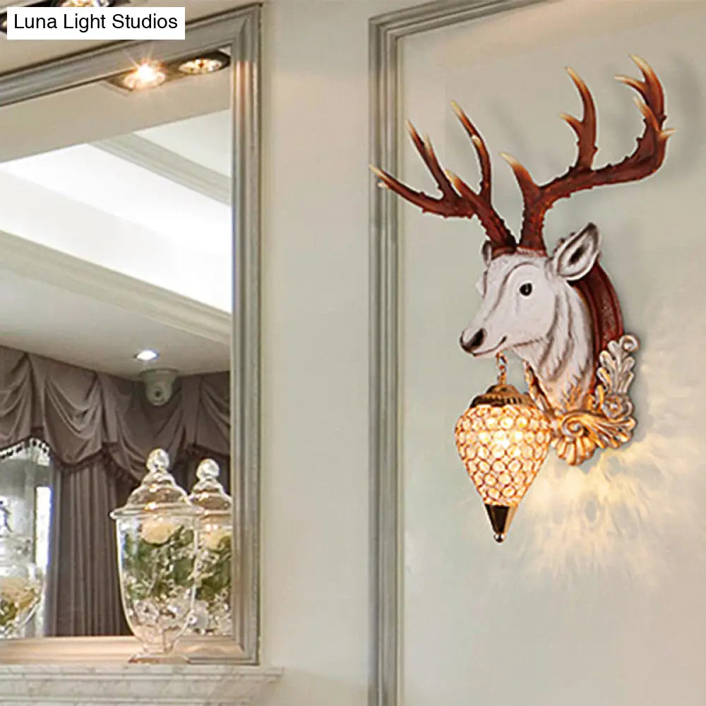 13"/26" Single Resin Wall Light Fixture - Country White/Yellow/Gold - Deer Head Sconce with Crystal Teardrop Shade - Living Room Lamp