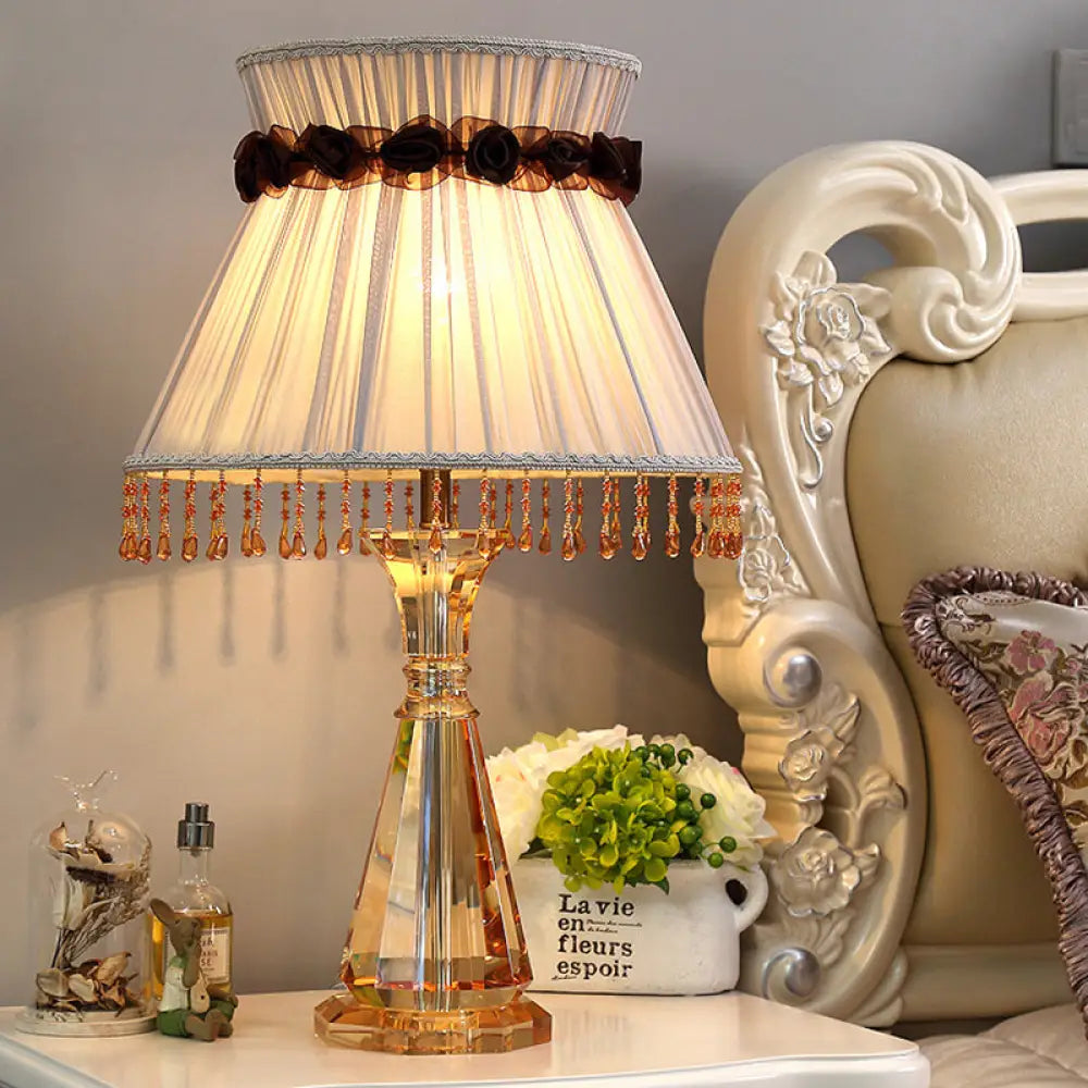 14"/15" Wide Cone Fabric Night Light Bedroom Lamp in Grey with Crystal Accent for Traditional Nightstands