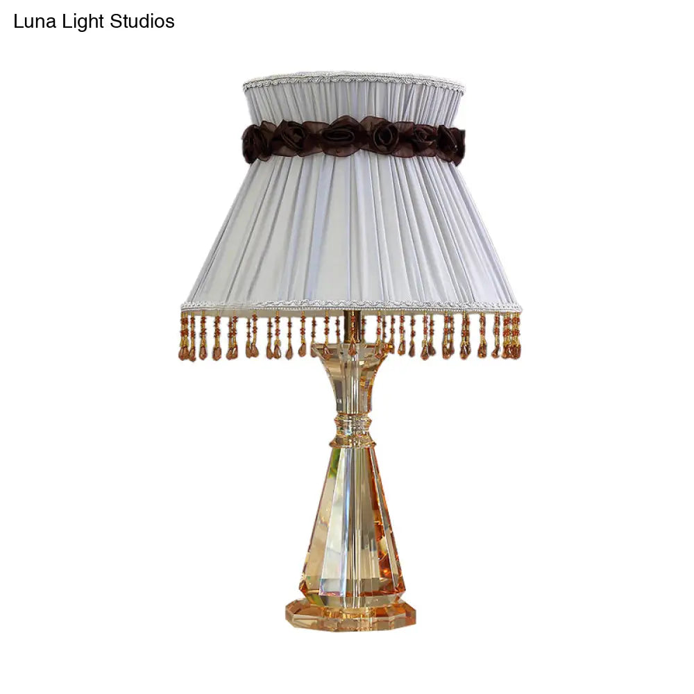 14"/15" Wide Cone Fabric Night Light Bedroom Lamp in Grey with Crystal Accent for Traditional Nightstands