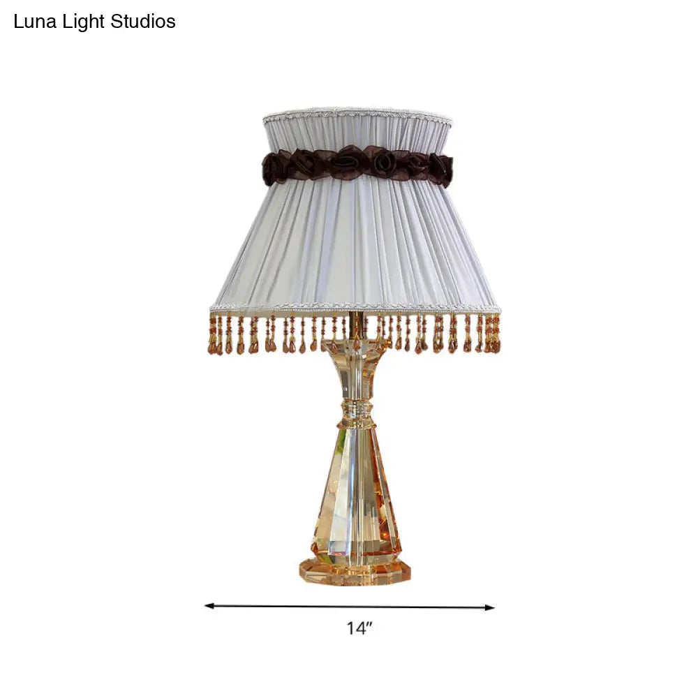 14"/15" Wide Cone Fabric Night Light Bedroom Lamp in Grey with Crystal Accent for Traditional Nightstands