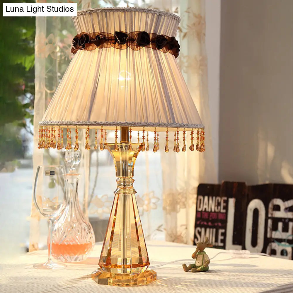 14"/15" Wide Cone Fabric Night Light Bedroom Lamp in Grey with Crystal Accent for Traditional Nightstands