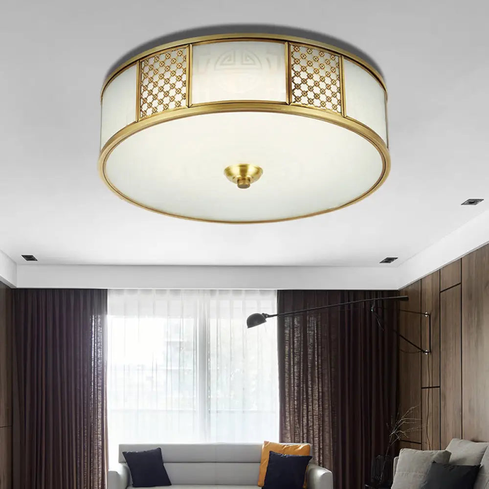 14"/18" Wide 4-Light Colonial Drum Flush Mount Ceiling Light with Milky Glass Flushmount in Brass"
or
"Colonial Drum Flush Mount Ceiling Light - 14"/18" Wide 4-Light, Milky Glass Flushmount in Brass