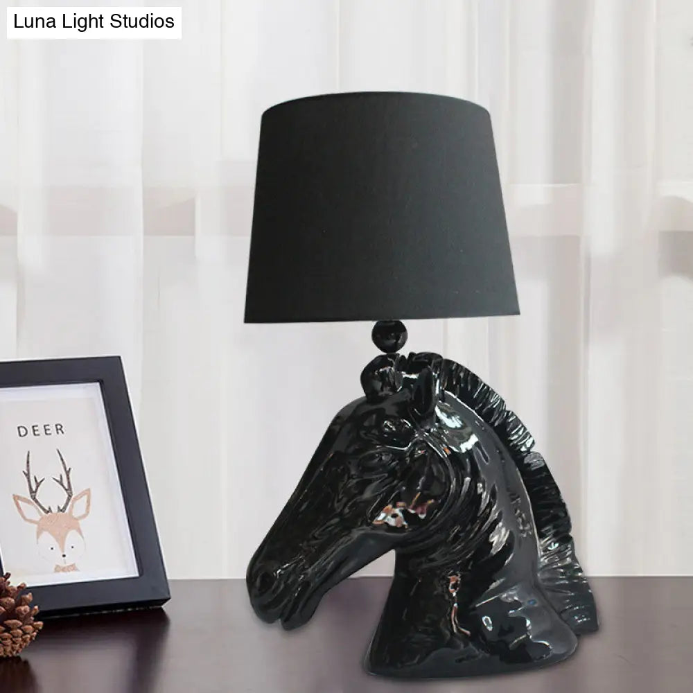 14"/18" Wide Vintage 1-Light Table Lamp with Tapered Fabric Shade and Horse Head Base in Black