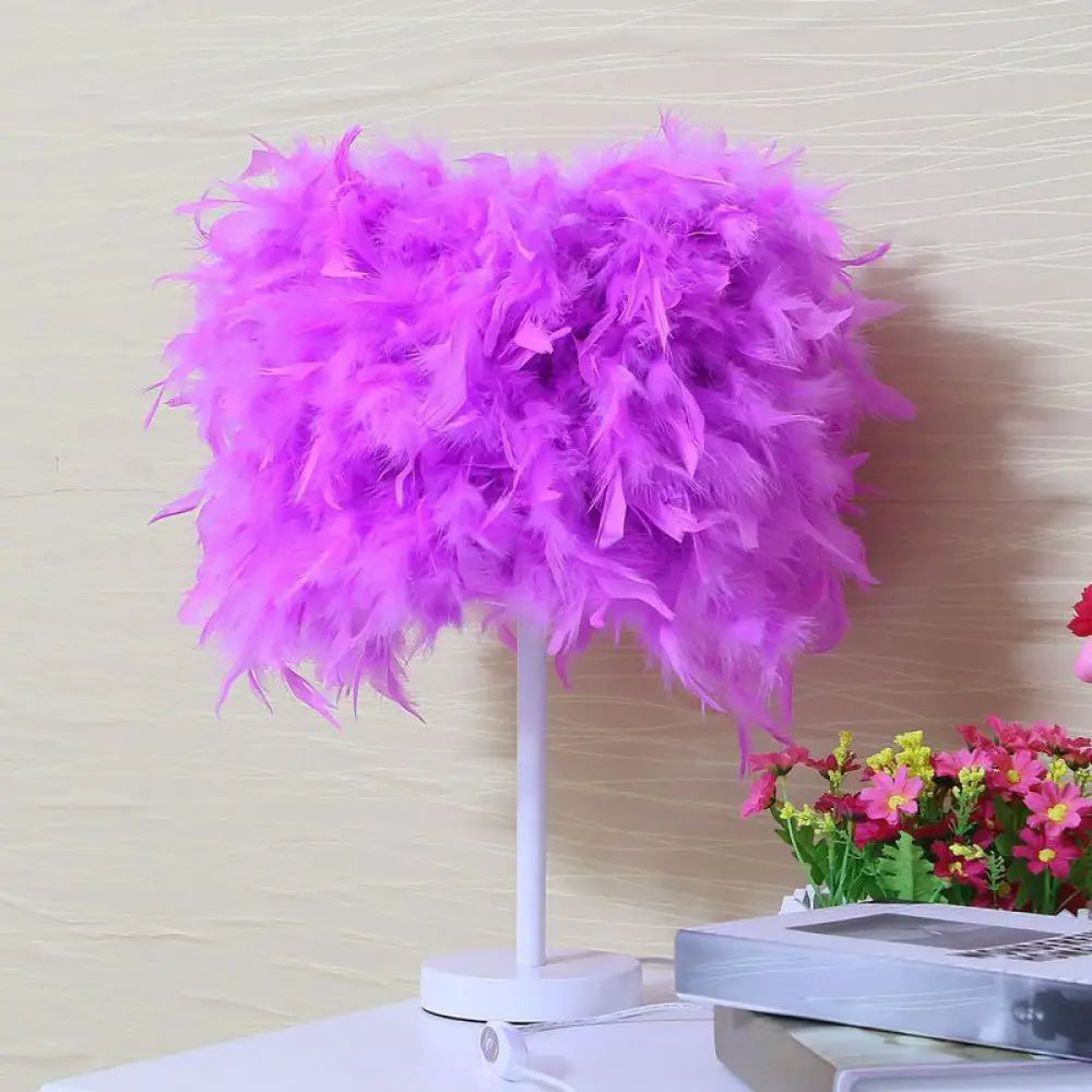 14"" Modern Feather Cylinder Night Light - Pink/White/Purple Bedside Table Lamp