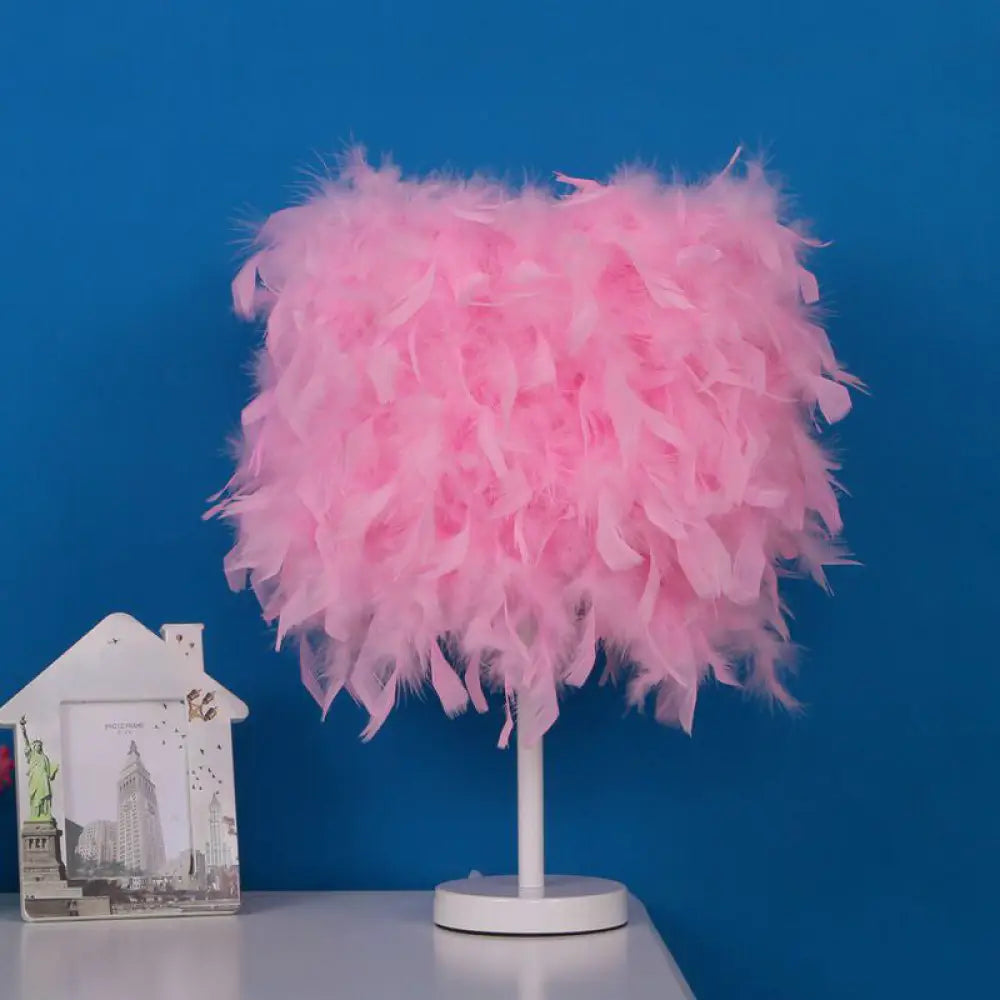 14"" Modern Feather Cylinder Night Light - Pink/White/Purple Bedside Table Lamp