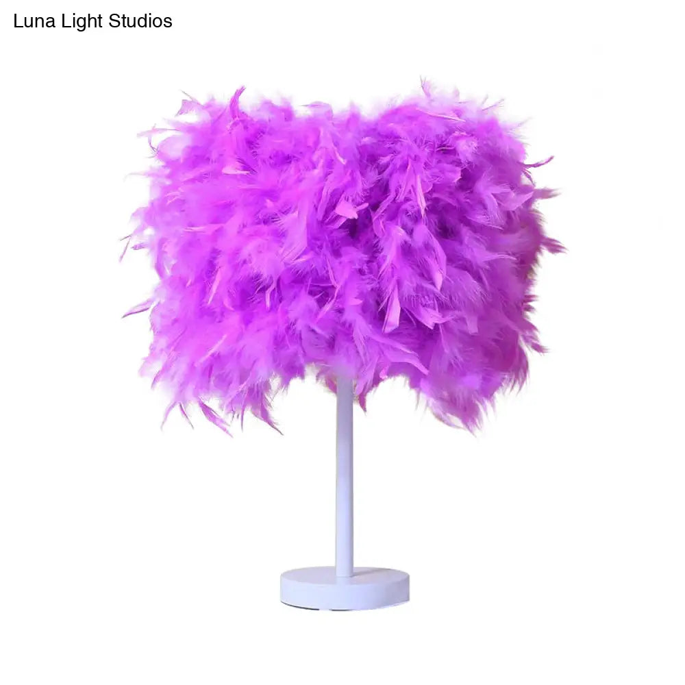 14"" Modern Feather Cylinder Night Light - Pink/White/Purple Bedside Table Lamp