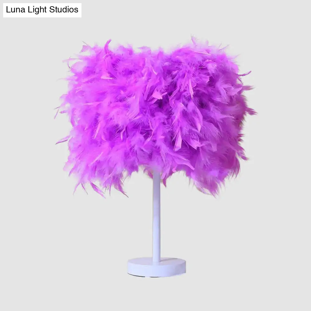 14"" Modern Feather Cylinder Night Light - Pink/White/Purple Bedside Table Lamp