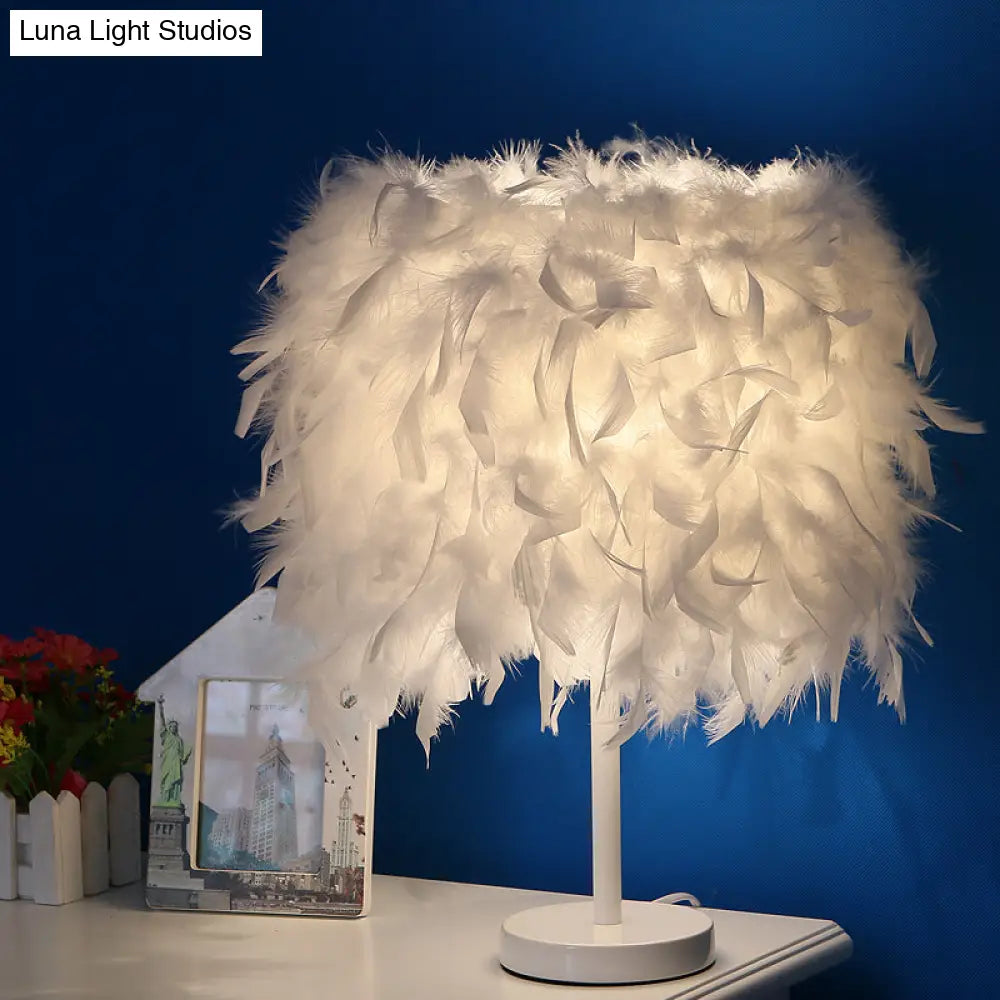14"" Modern Feather Cylinder Night Light - Pink/White/Purple Bedside Table Lamp