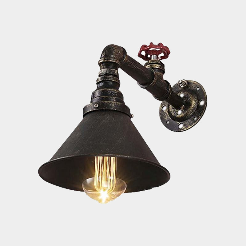 Vintage Brass Wall Sconce with Metal Cone Shade and Valve Décor - Antique Style Wall Lamp Fixture