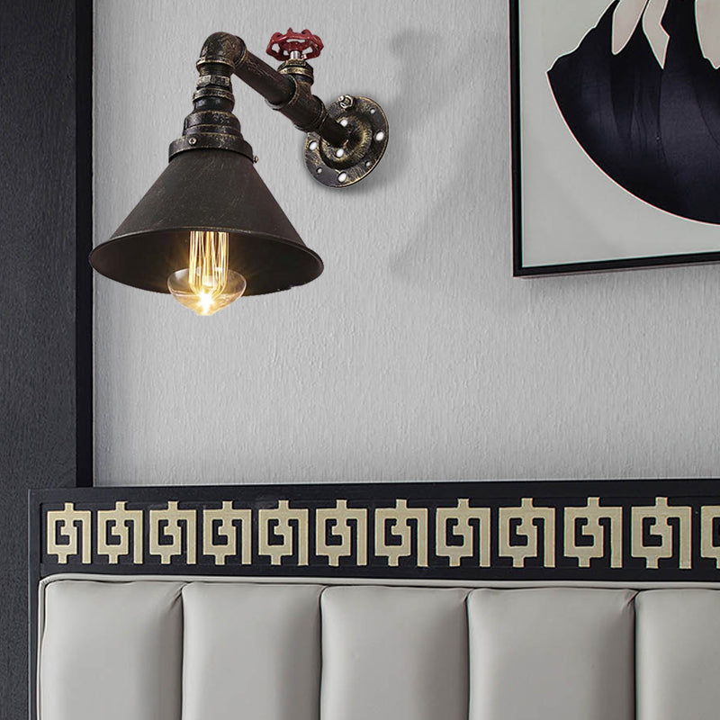 Vintage Brass Wall Sconce with Metal Cone Shade and Valve Décor - Antique Style Wall Lamp Fixture