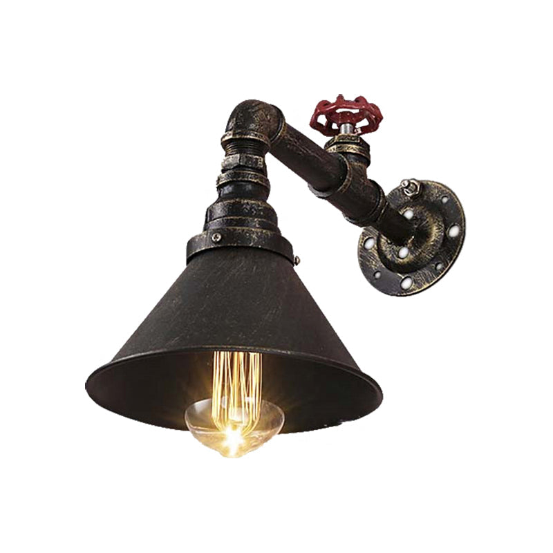 Vintage Brass Wall Sconce with Metal Cone Shade and Valve Décor - Antique Style Wall Lamp Fixture
