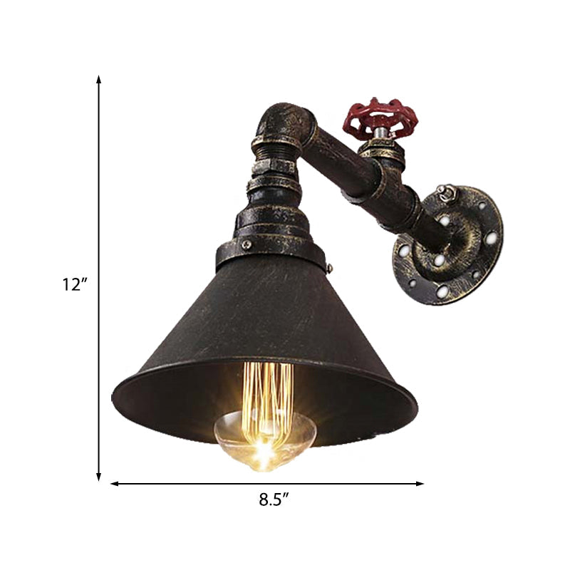 Vintage Brass Wall Sconce with Metal Cone Shade and Valve Décor - Antique Style Wall Lamp Fixture