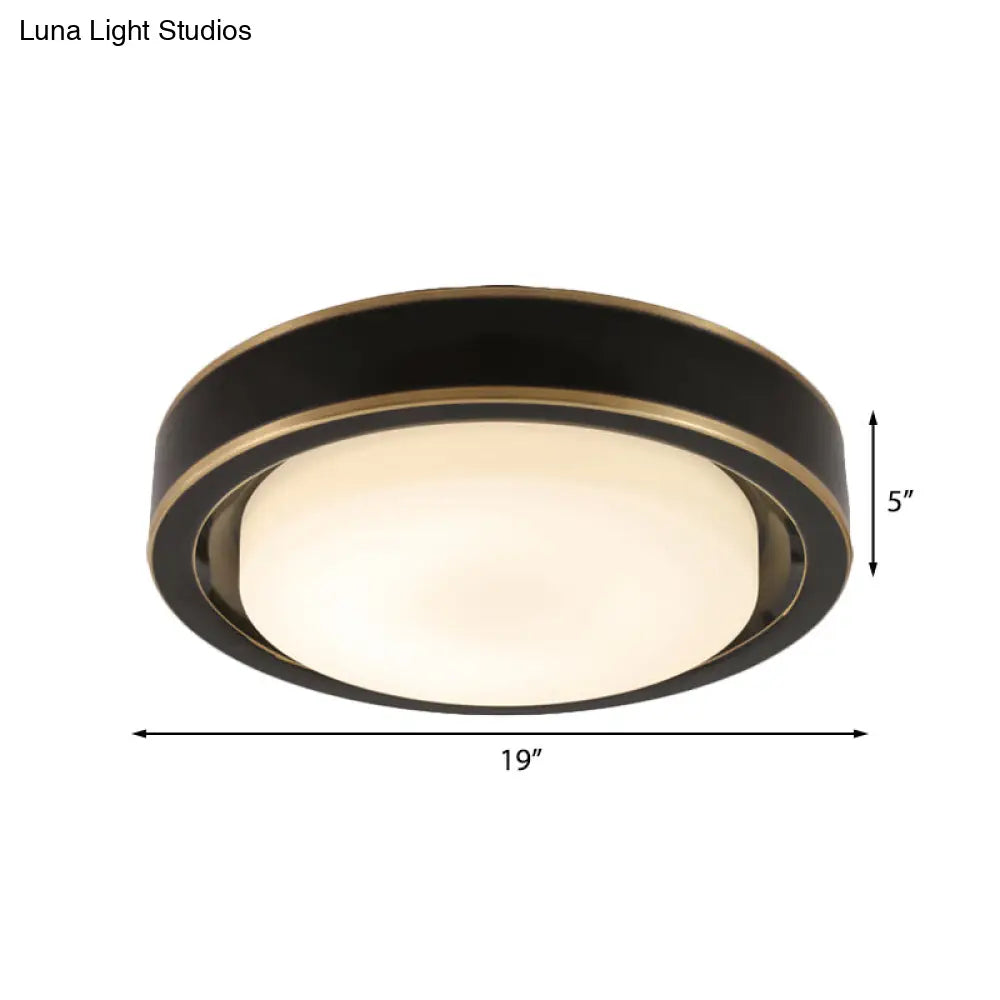 15"/19" Black/Brass Drum Ceiling Light Fixture with Classic Frosted Glass and LED for Bedroom - Flush Mount in White/Warm Light