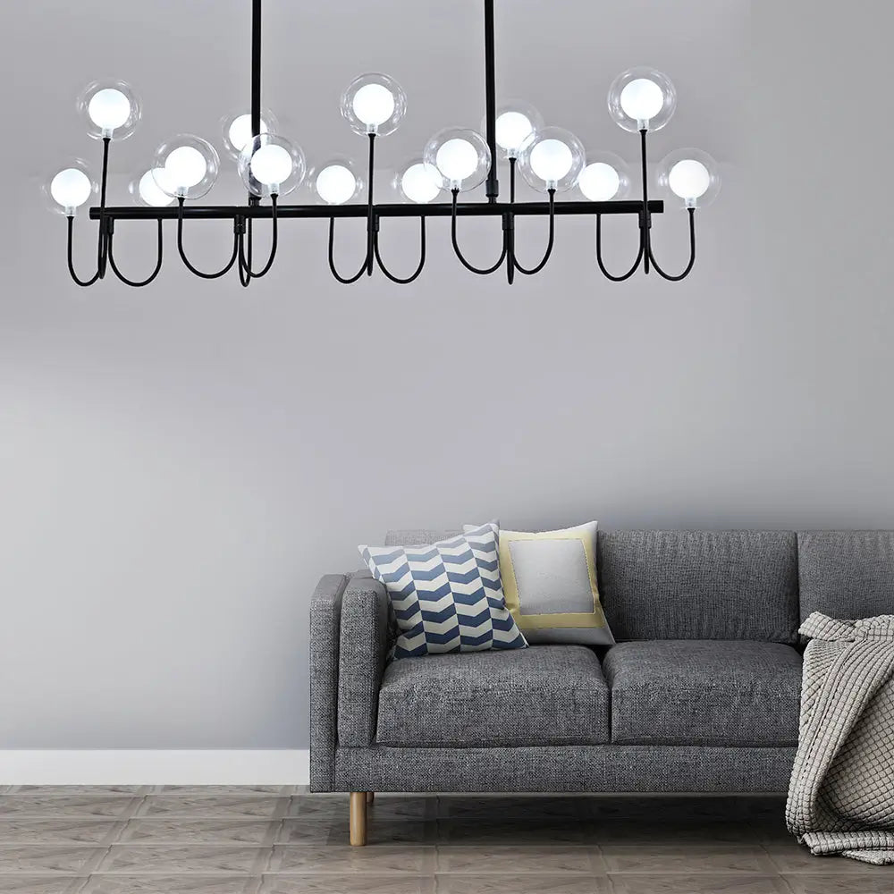 15-Light Black Ceiling Light: Modern Clear Glass Globe Pendant with Adjustable Hanging Cord