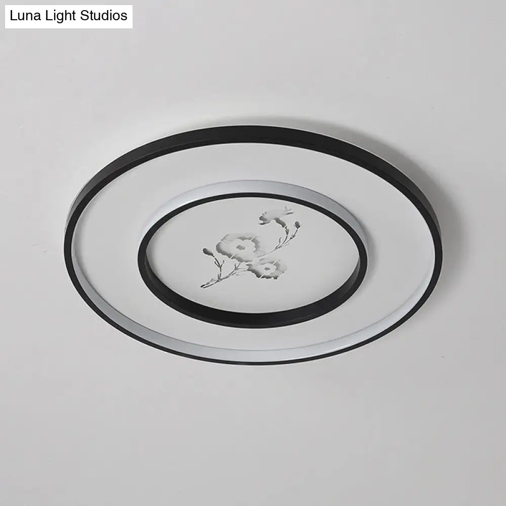 16"/19.5" Modern Round Flush Mount Acrylic LED Ceiling Light Fixture in Black with Flower Pattern, White/Warm Light