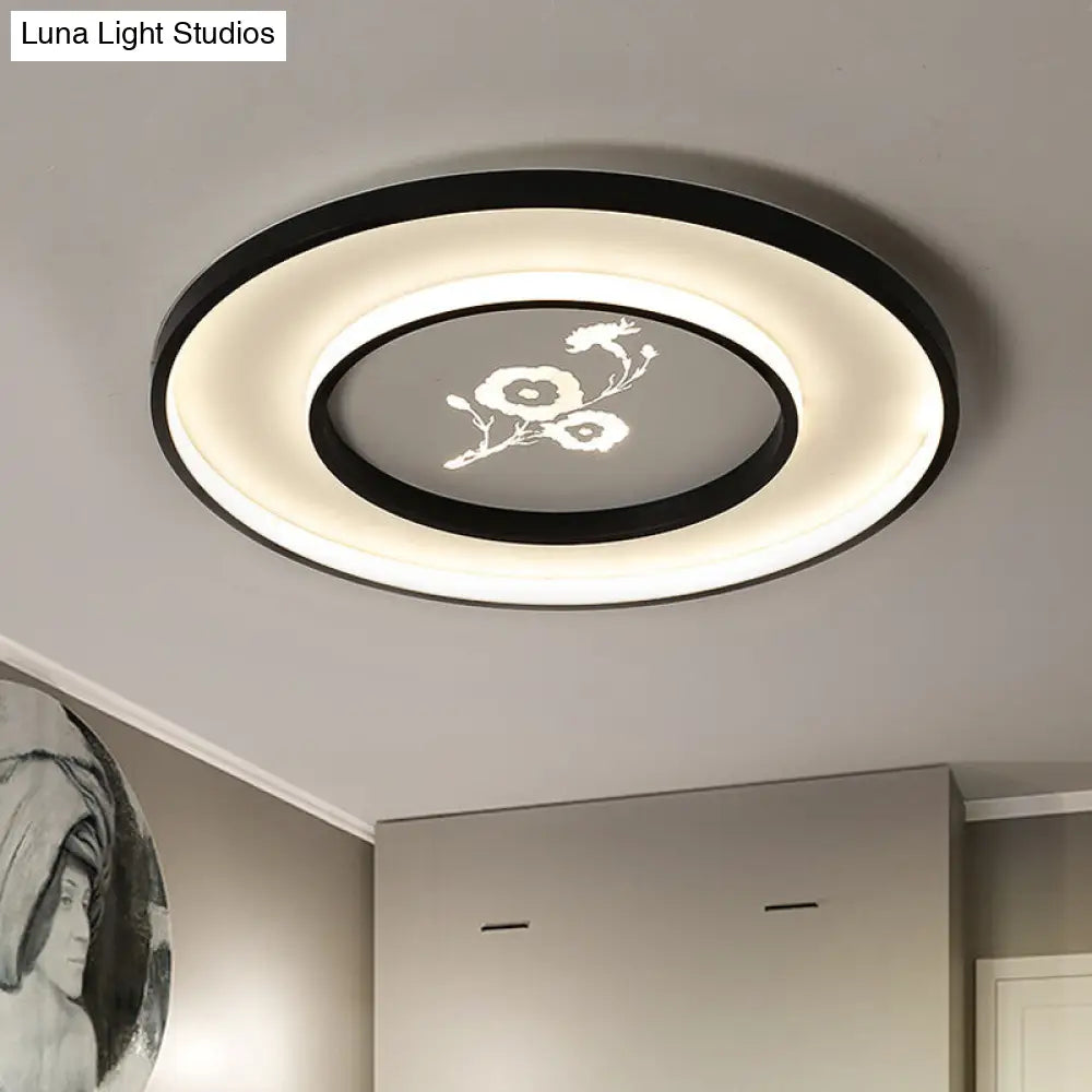 16"/19.5" Modern Round Flush Mount Acrylic LED Ceiling Light Fixture in Black with Flower Pattern, White/Warm Light