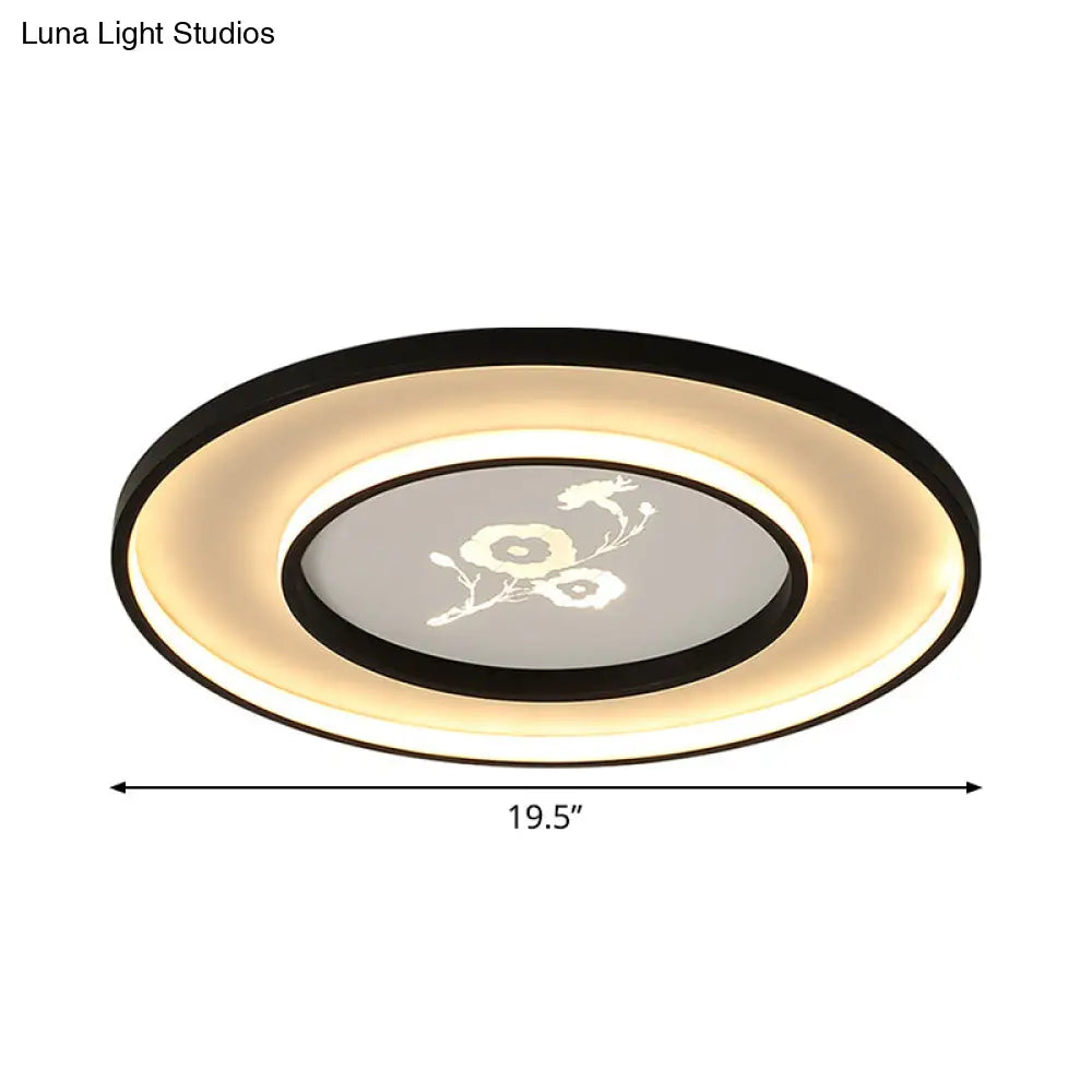16"/19.5" Modern Round Flush Mount Acrylic LED Ceiling Light Fixture in Black with Flower Pattern, White/Warm Light