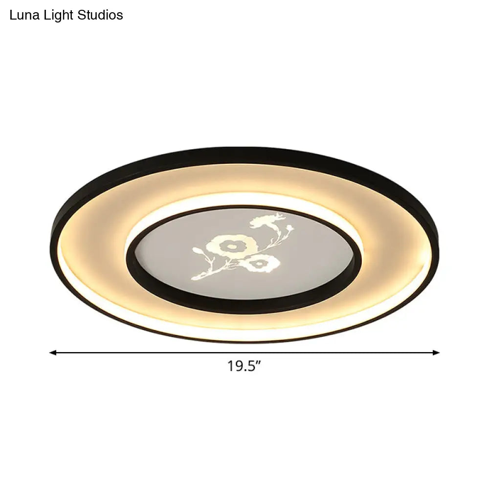 16"/19.5" Modern Round Flush Mount Acrylic LED Ceiling Light Fixture in Black with Flower Pattern, White/Warm Light