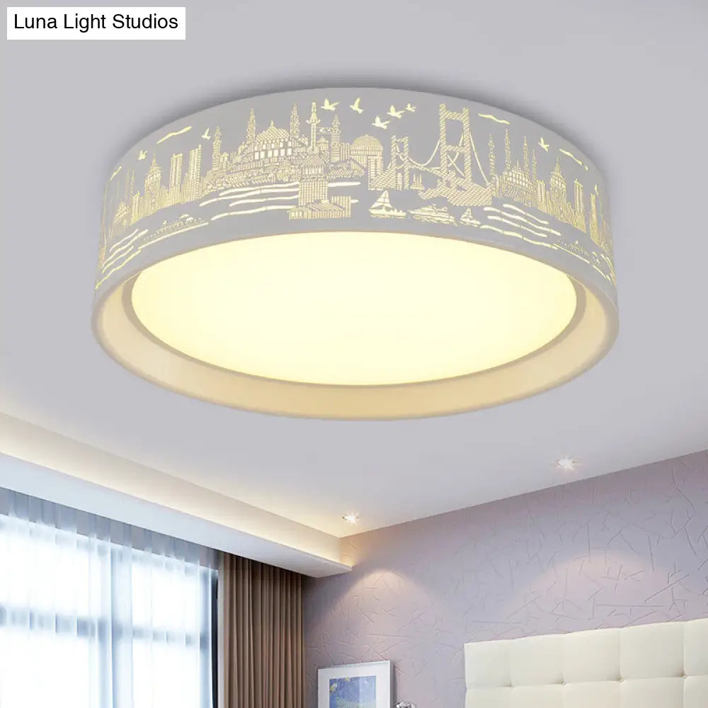 16.5"/20.5" Modern White Carved Metal Drum Flush Lamp with Metropolis Scene - LED Ceiling Light, Warm/White Light, Remote Control Dimming