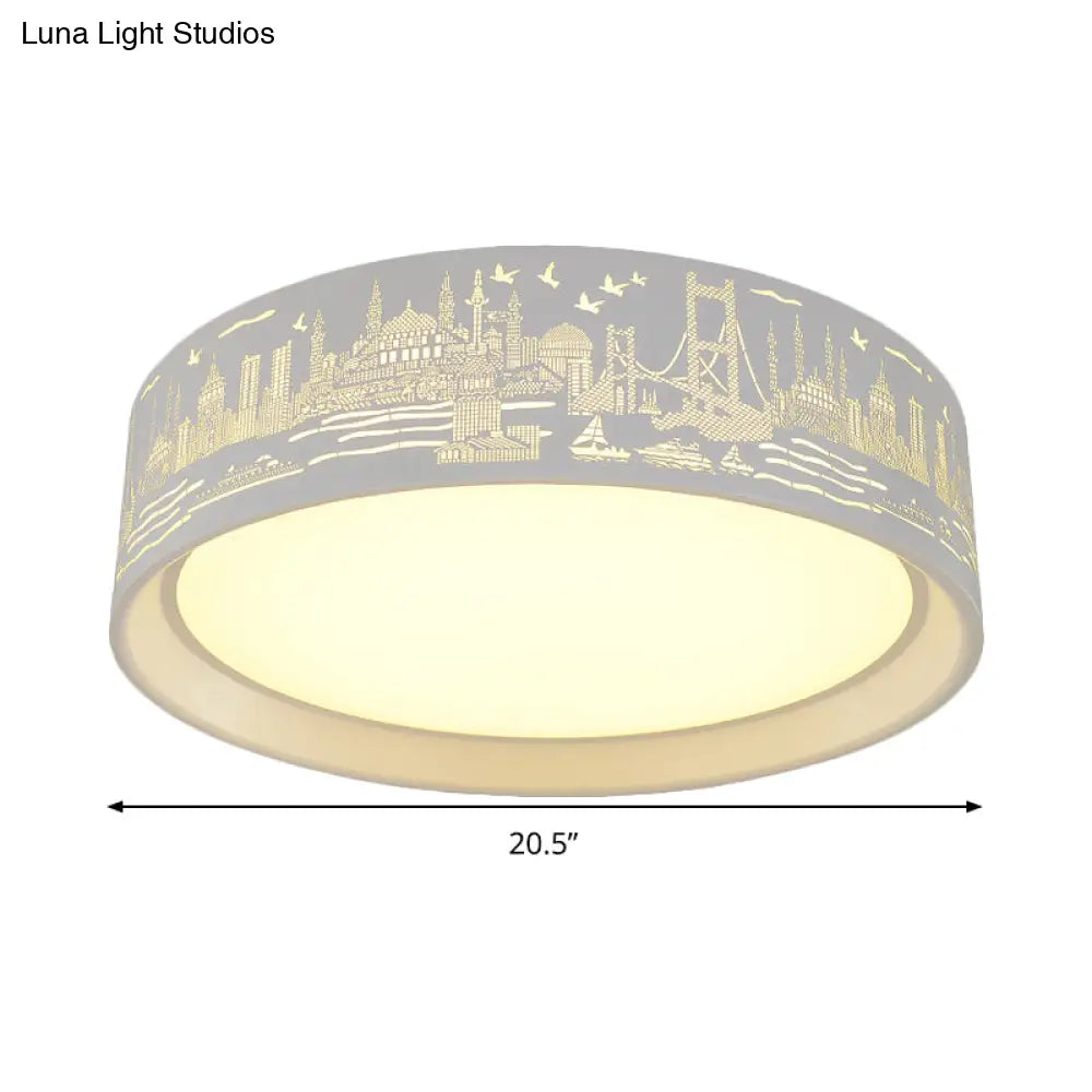 16.5"/20.5" Modern White Carved Metal Drum Flush Lamp with Metropolis Scene - LED Ceiling Light, Warm/White Light, Remote Control Dimming