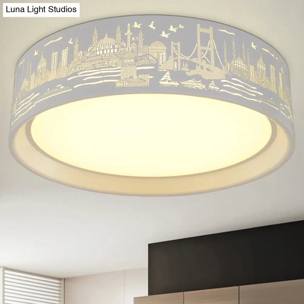 16.5"/20.5" Modern White Carved Metal Drum Flush Lamp with Metropolis Scene - LED Ceiling Light, Warm/White Light, Remote Control Dimming