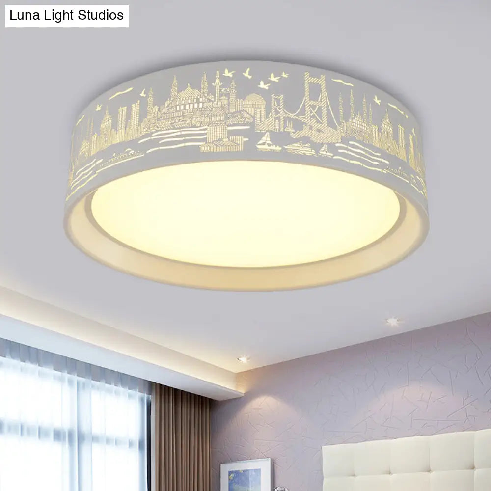 16.5"/20.5" Modern White Carved Metal Drum Flush Lamp with Metropolis Scene - LED Ceiling Light, Warm/White Light, Remote Control Dimming