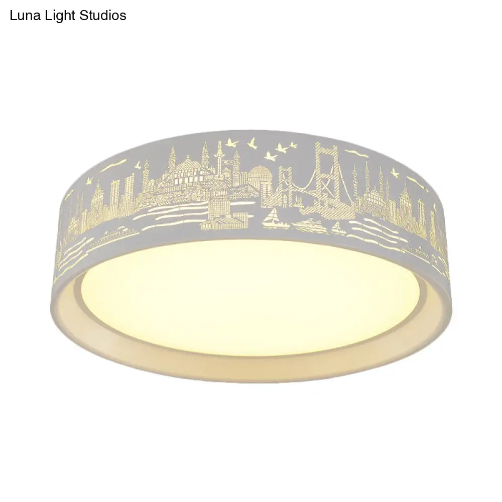16.5"/20.5" Modern White Carved Metal Drum Flush Lamp with Metropolis Scene - LED Ceiling Light, Warm/White Light, Remote Control Dimming