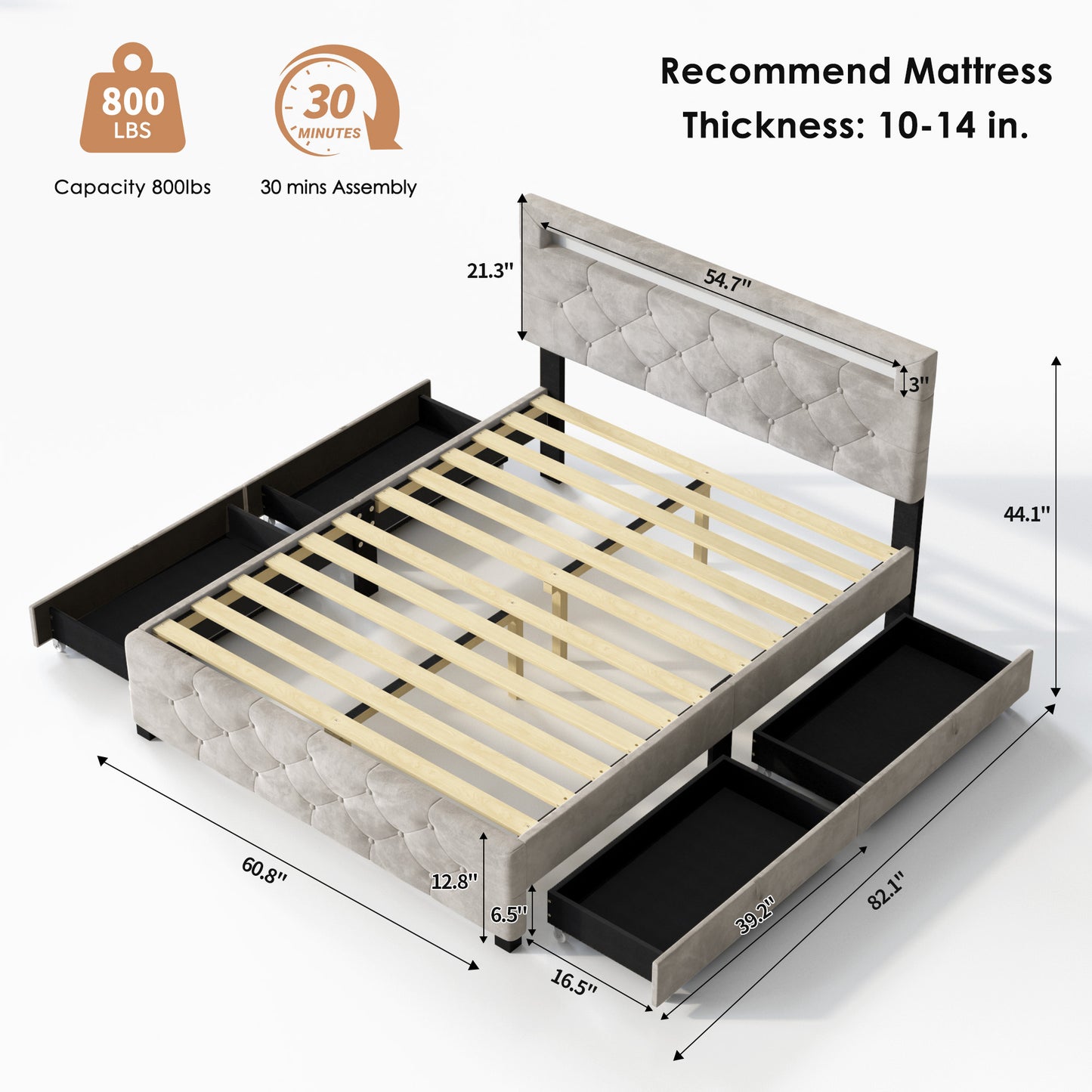 Upholstered Platform Storage Bed Frame With 4 Drawers And LED Light,No Box Spring Needed