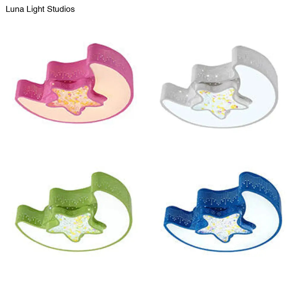 18"/21.5" Star and Moon Macaron LED Flush Mount Lamp, Metal Ceiling Light in White/Pink/Blue/Green Shades - Perfect for Kindergarten, Third Gear/White Light