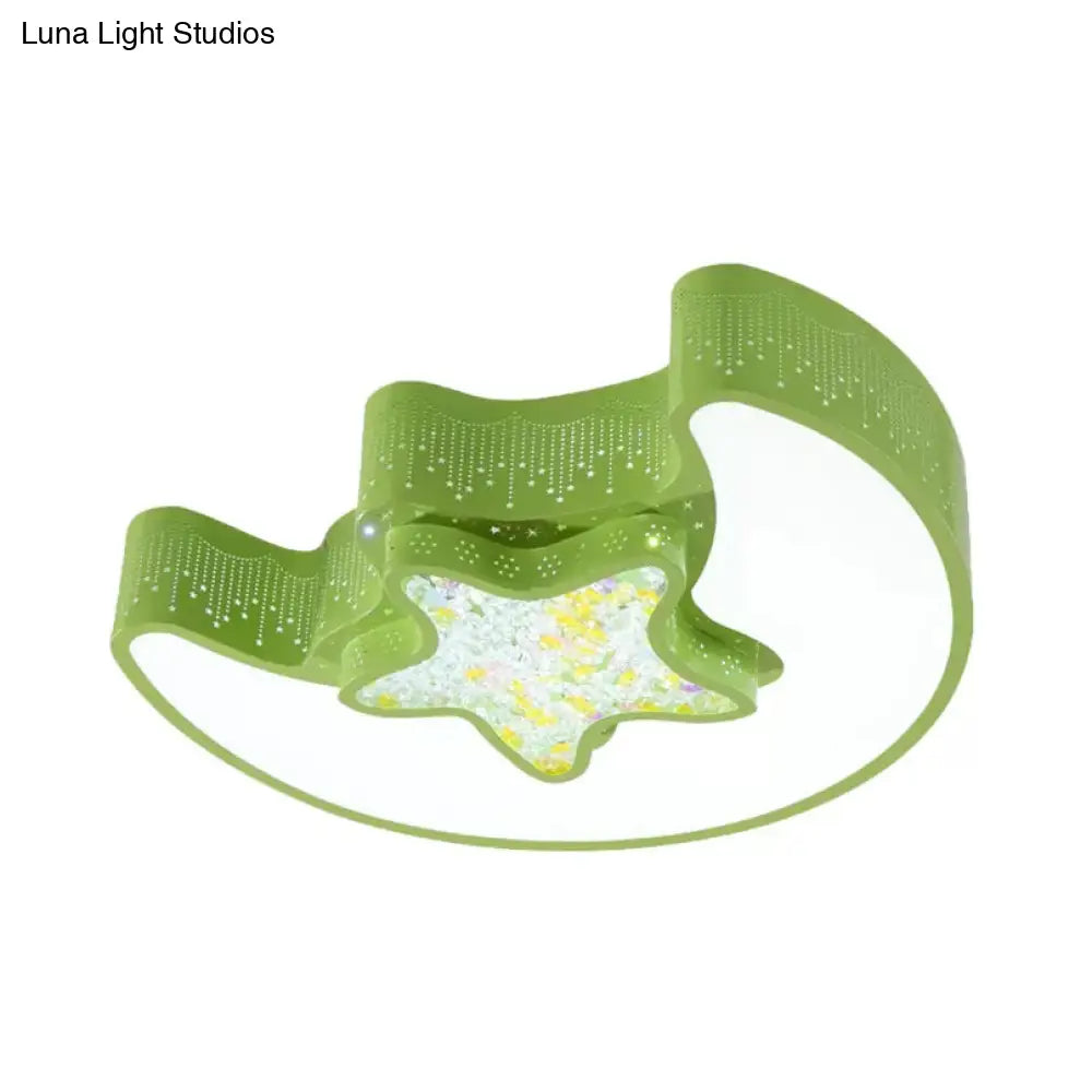 18"/21.5" Star and Moon Macaron LED Flush Mount Lamp, Metal Ceiling Light in White/Pink/Blue/Green Shades - Perfect for Kindergarten, Third Gear/White Light