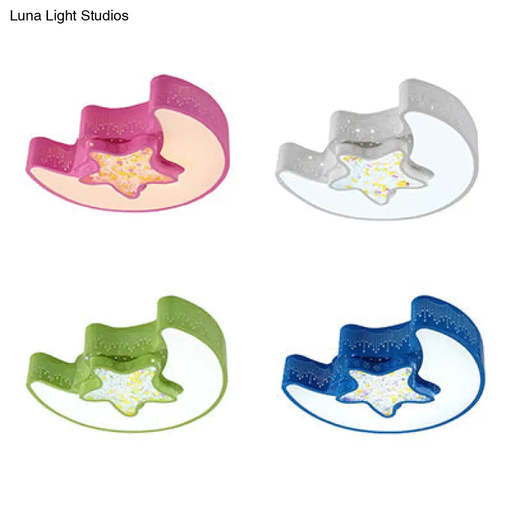 18"/21.5" Star and Moon Macaron LED Flush Mount Lamp, Metal Ceiling Light in White/Pink/Blue/Green Shades - Perfect for Kindergarten, Third Gear/White Light