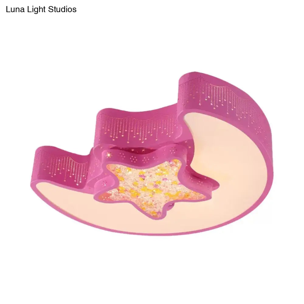 18"/21.5" Star and Moon Macaron LED Flush Mount Lamp, Metal Ceiling Light in White/Pink/Blue/Green Shades - Perfect for Kindergarten, Third Gear/White Light