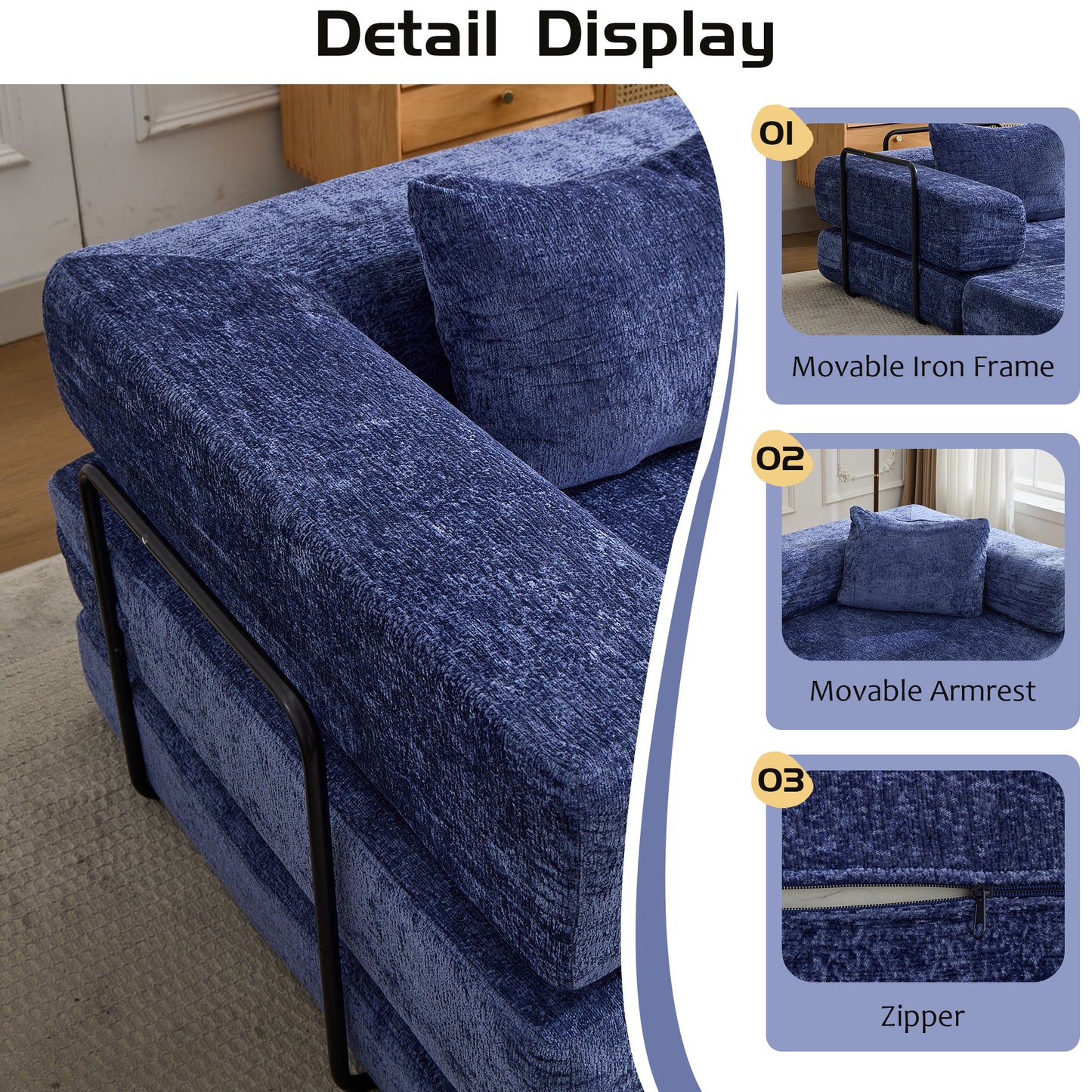 Compression Sofa,Convertible Floor Sofa Bed With Fixed-Shape Frame, Boneless Modular Sectional Sofa,No Assembly Required,Chenille Fabric,for Living Room Bedroom,Dark Blue