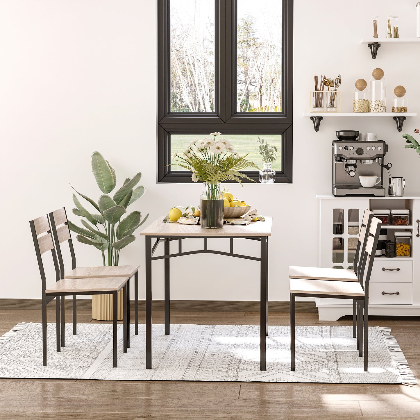 Industrial 4 Piece Dining Room Table Set with Bench Kitchen Table and Chairs w/ Storage Rack for Kitchen