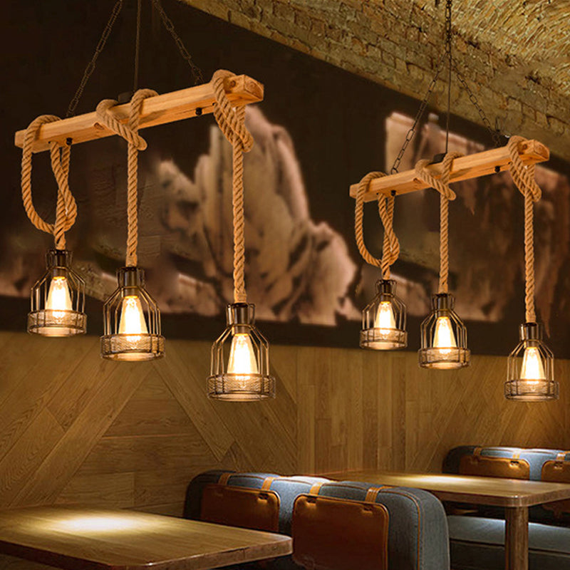Lámpara colgante rústica de madera DecorBites™: Lámpara lineal colgante para isla de restaurante con jaula de cuerda marrón (3/5 luces)