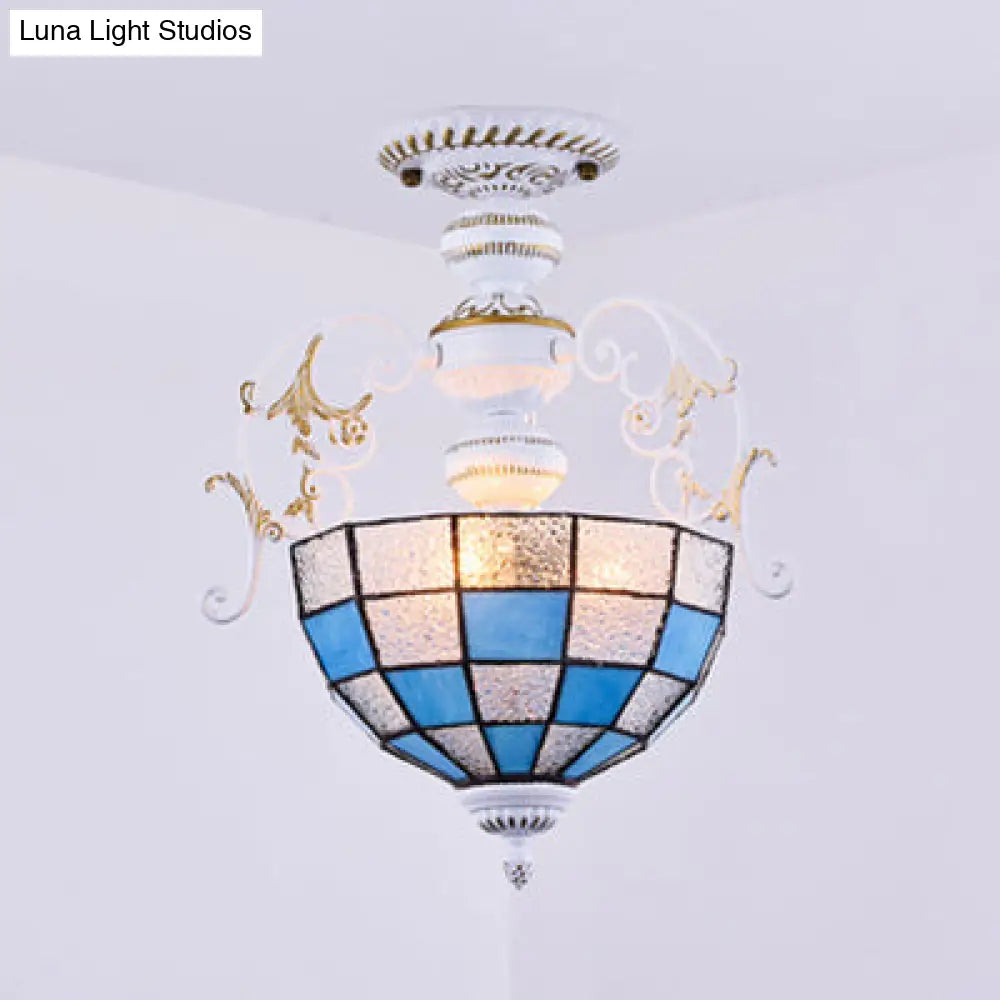 2-Bulb Bowl Semi Flush Light in White with Tiffany Stained Glass in Various Colors