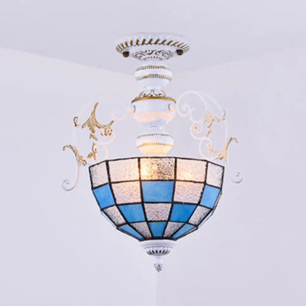 2-Bulb Bowl Semi Flush Light in White with Tiffany Stained Glass in Various Colors