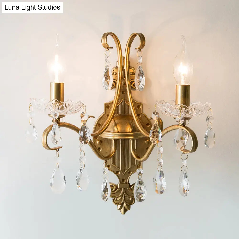 2-Bulb Traditional Gold Wall Light with Crystal Raindrop Draping