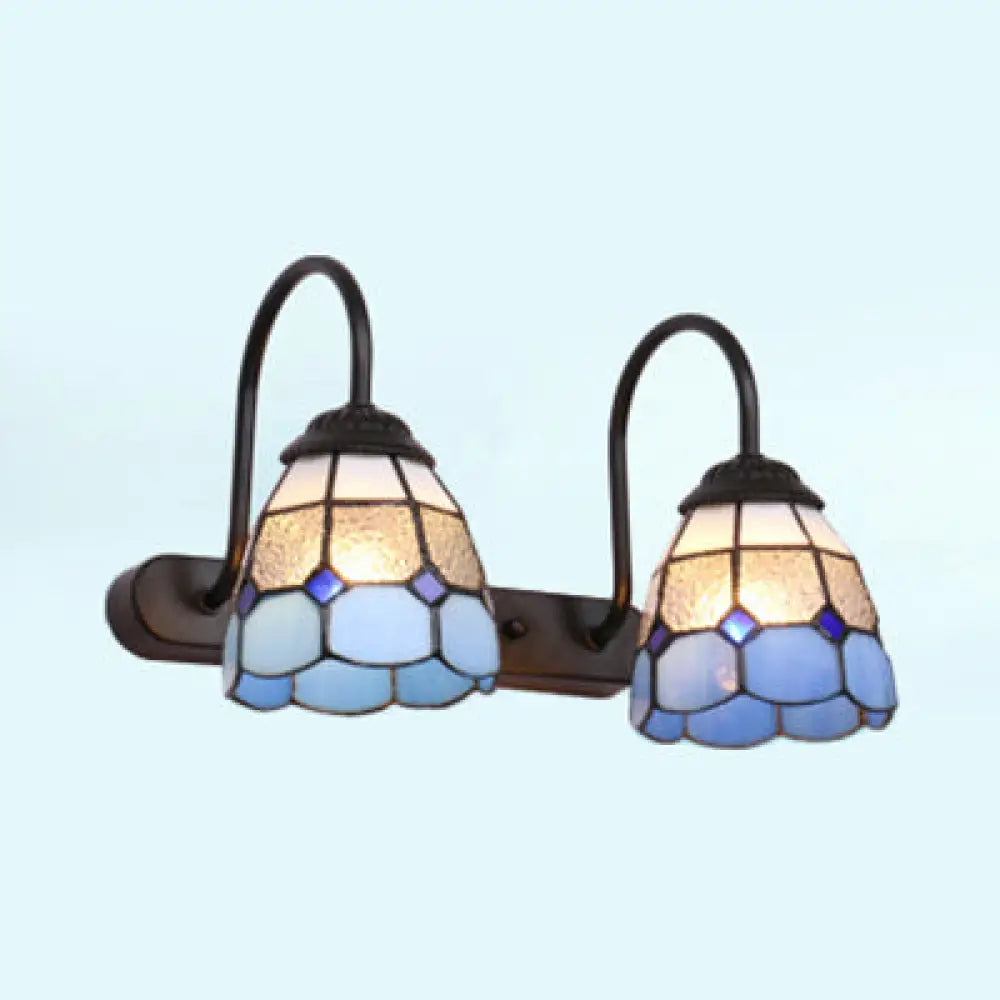 2-Head Baroque Blue/Yellow Glass Wall Mount Vanity Lighting Fixture with Grid Pattern