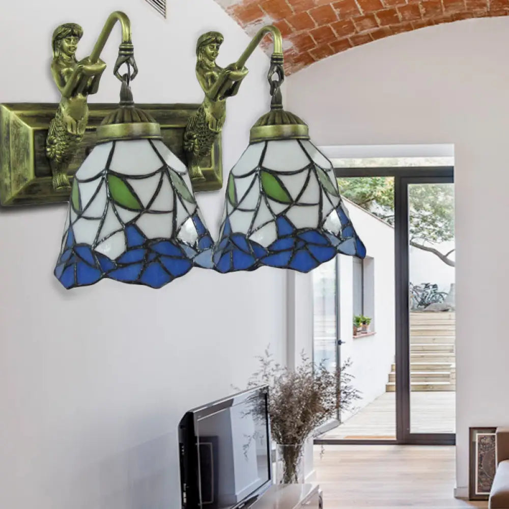 2-Head Mediterranean Antique Bronze Wall Mount Sconce with Flared Blue and White Glass Shade