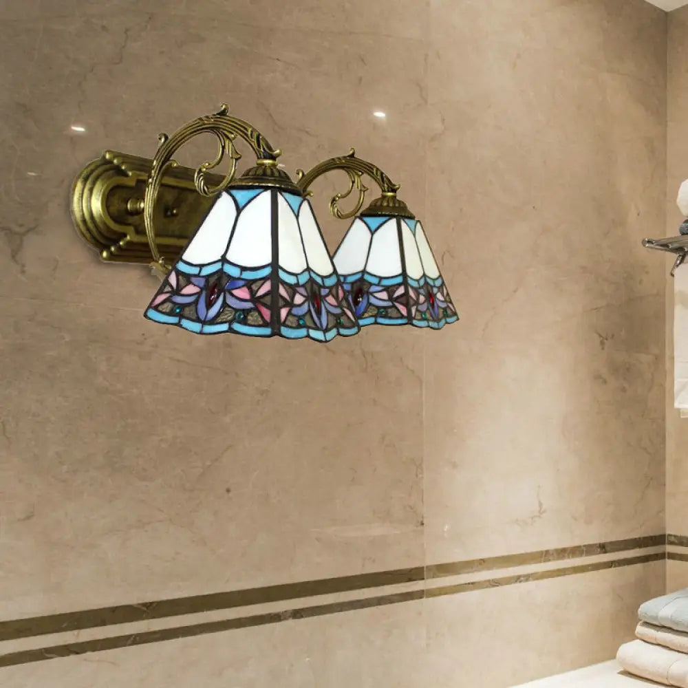 2-Head Pyramid Stained Glass Sconce Light with Tiffany Style - Black/Brass/Bronze Wall Mount Fixture