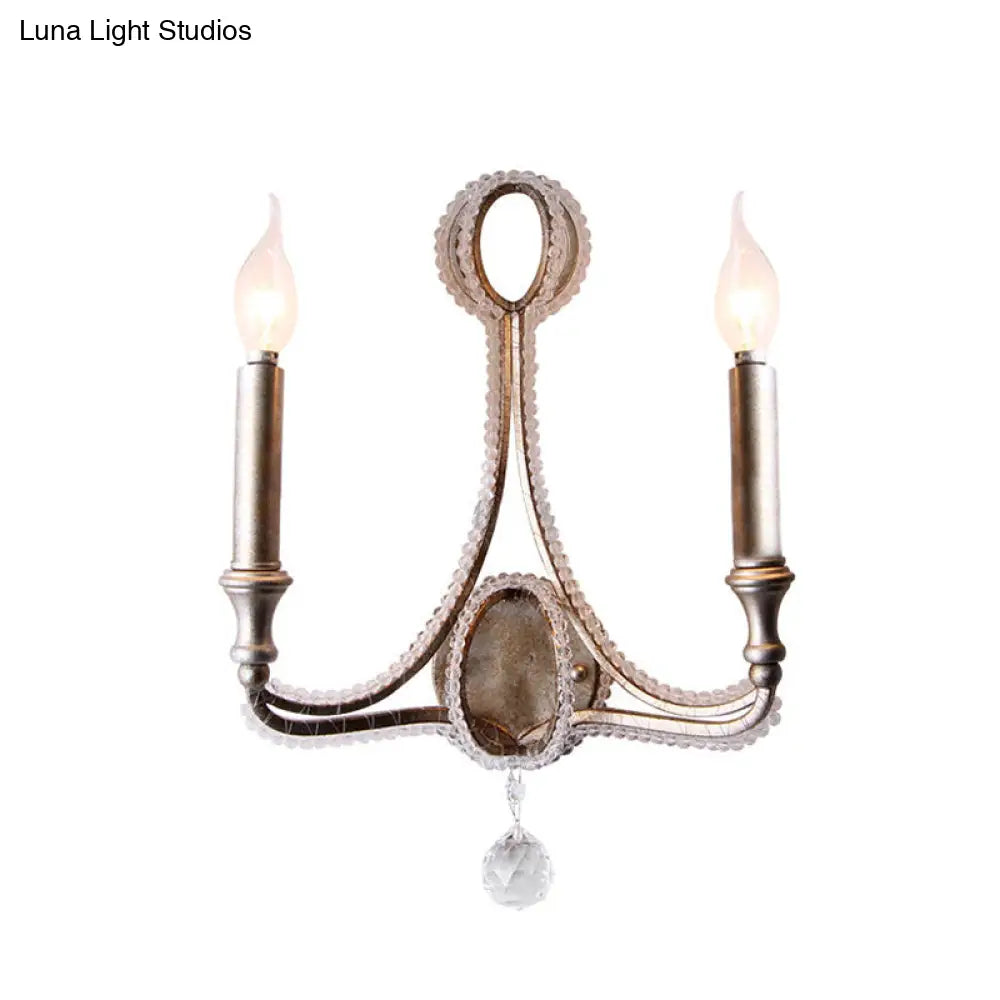 2-Head Retro Loft Fabric Wall Light - Conical Sconce with Crystal Beaded Strand - Aged Silver