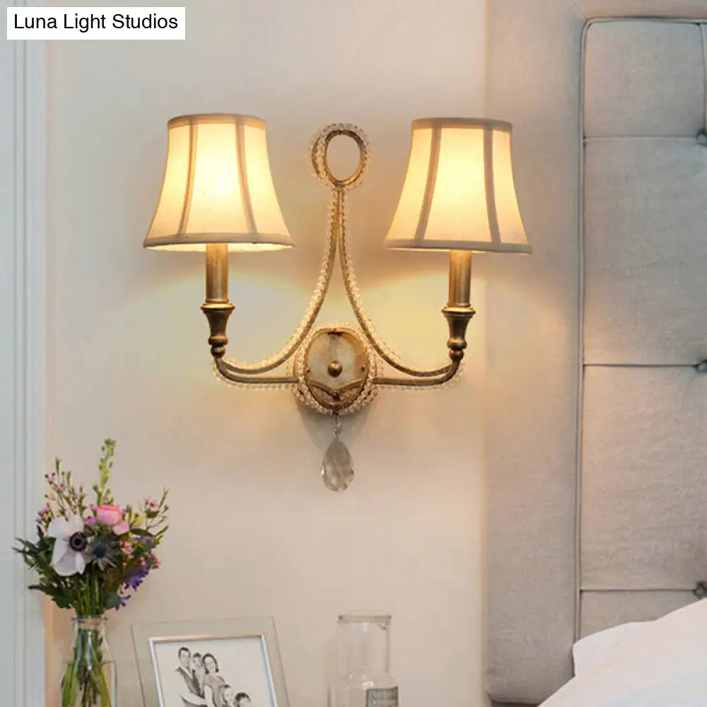 2-Head Retro Loft Fabric Wall Light - Conical Sconce with Crystal Beaded Strand - Aged Silver